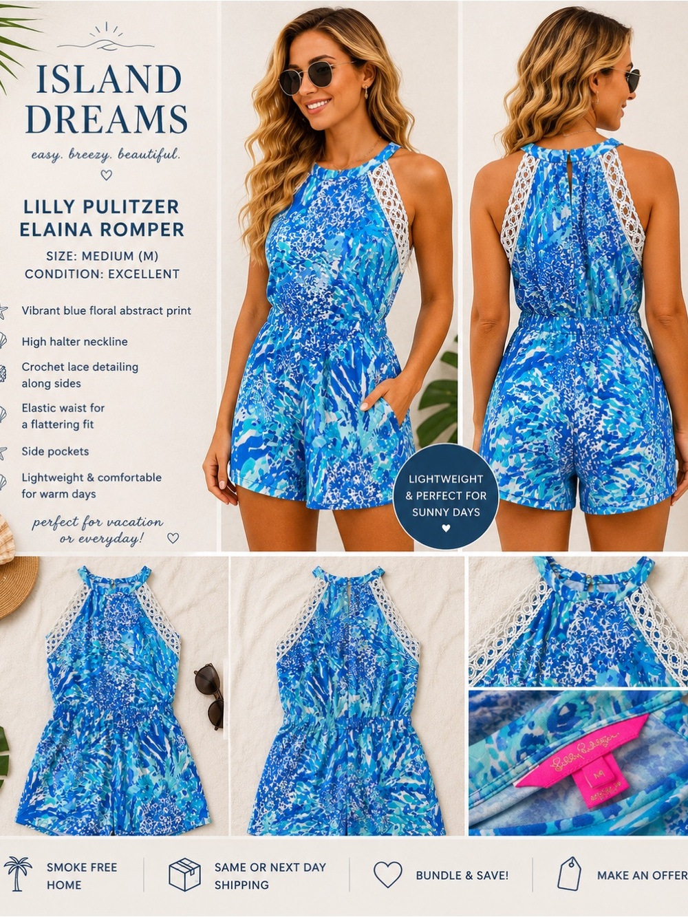 Lilly Pulitzer Blue Floral Halter Crochet Romper